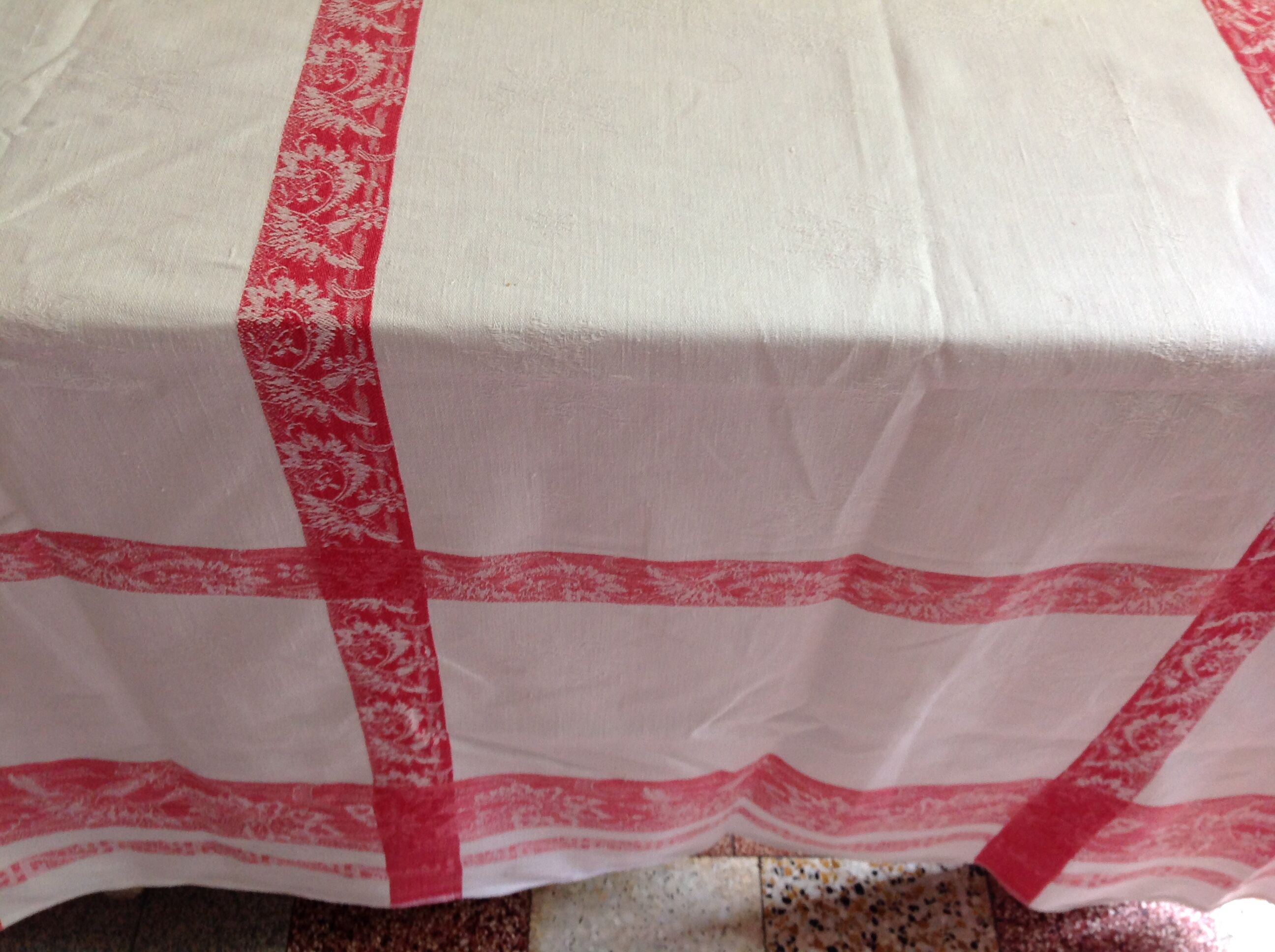 Red and white damask tablecloth