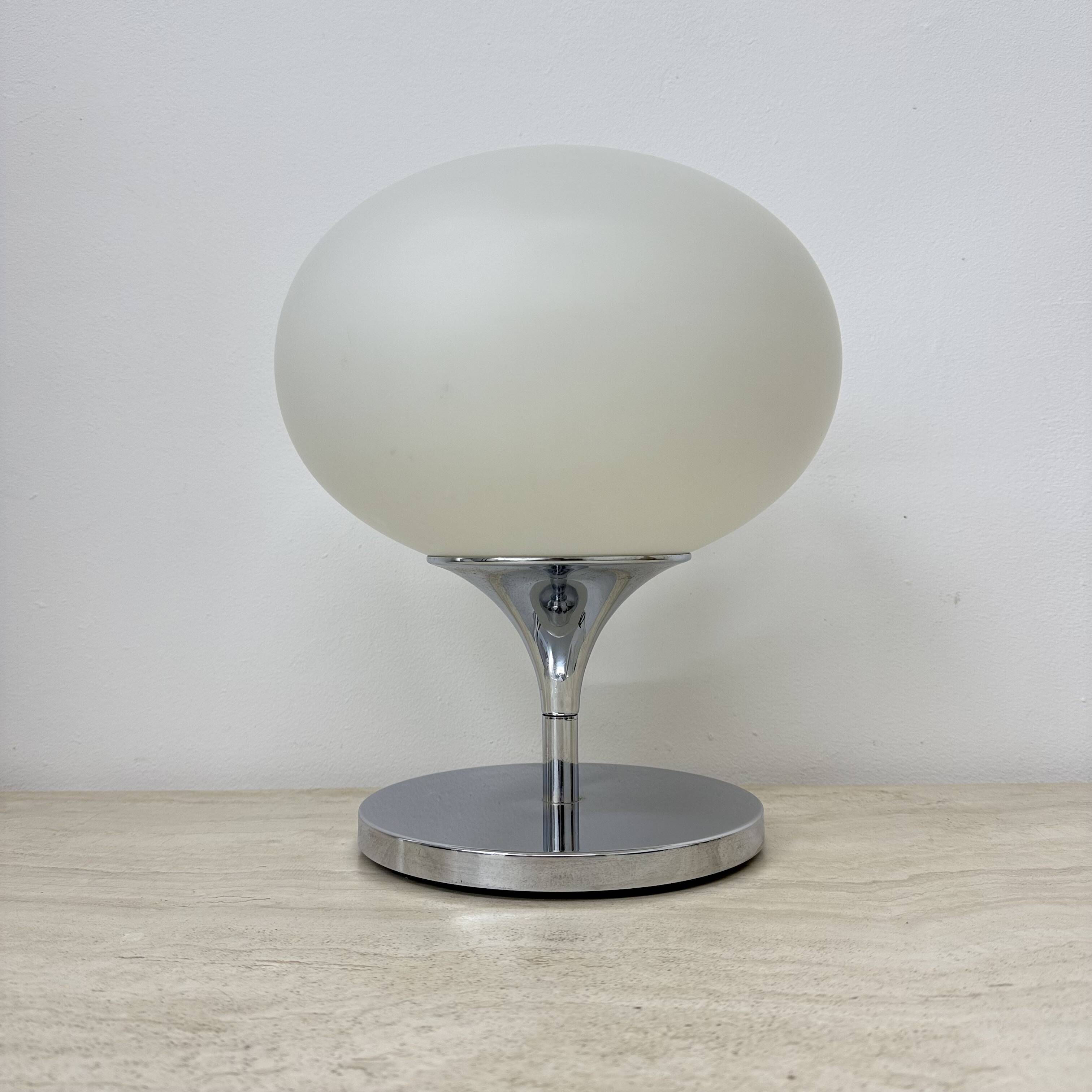 Opaline glass chromed steel & cast iron Space Age lamp by Kaiser Leuchten,