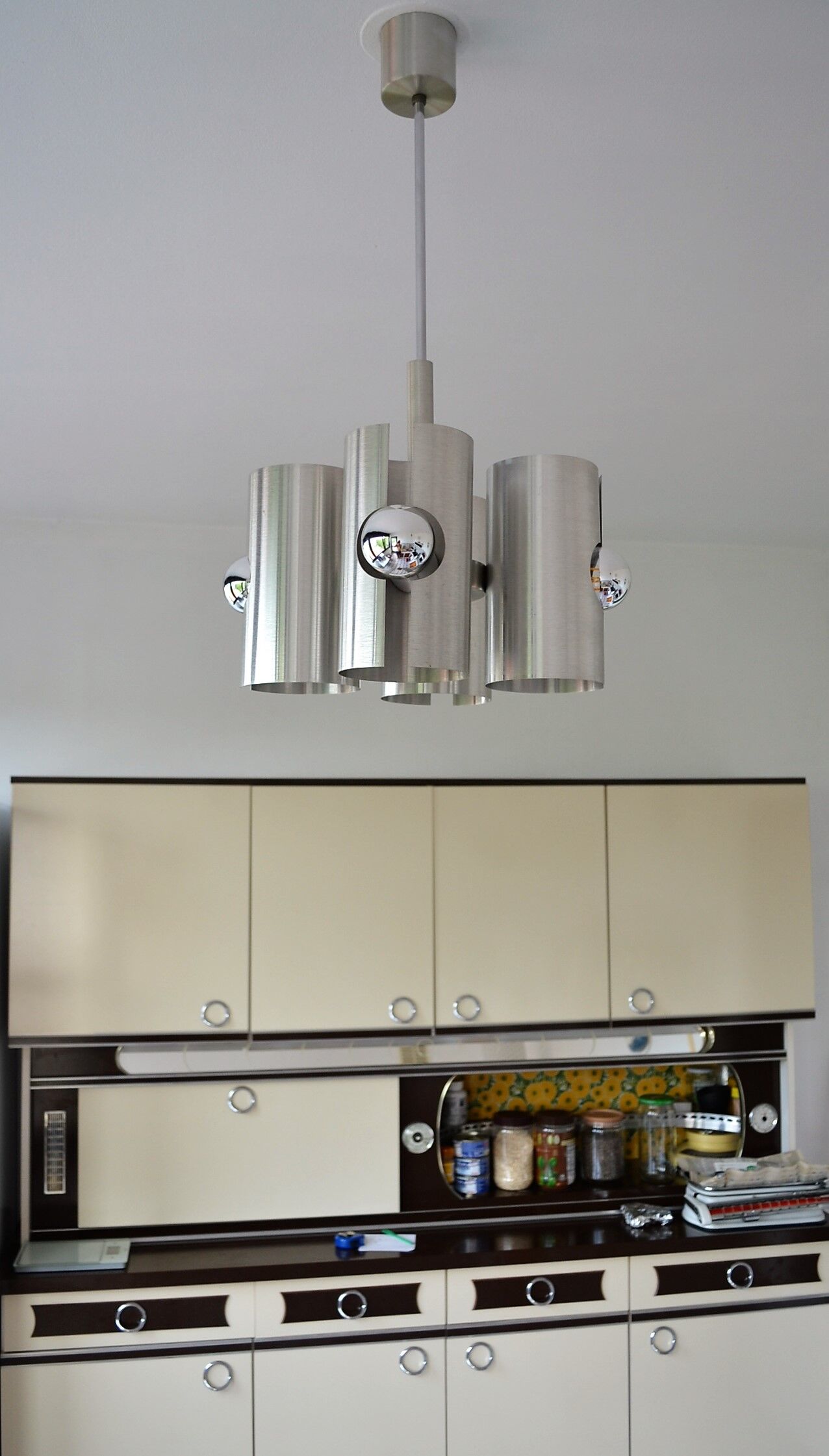 Hanging lamp 4 brushed metal lights space age 70s