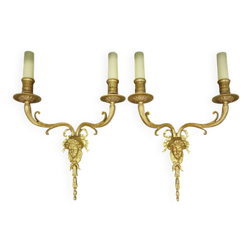 Large pair of wall sconces with male faces in Louis XV style - gilded bronze