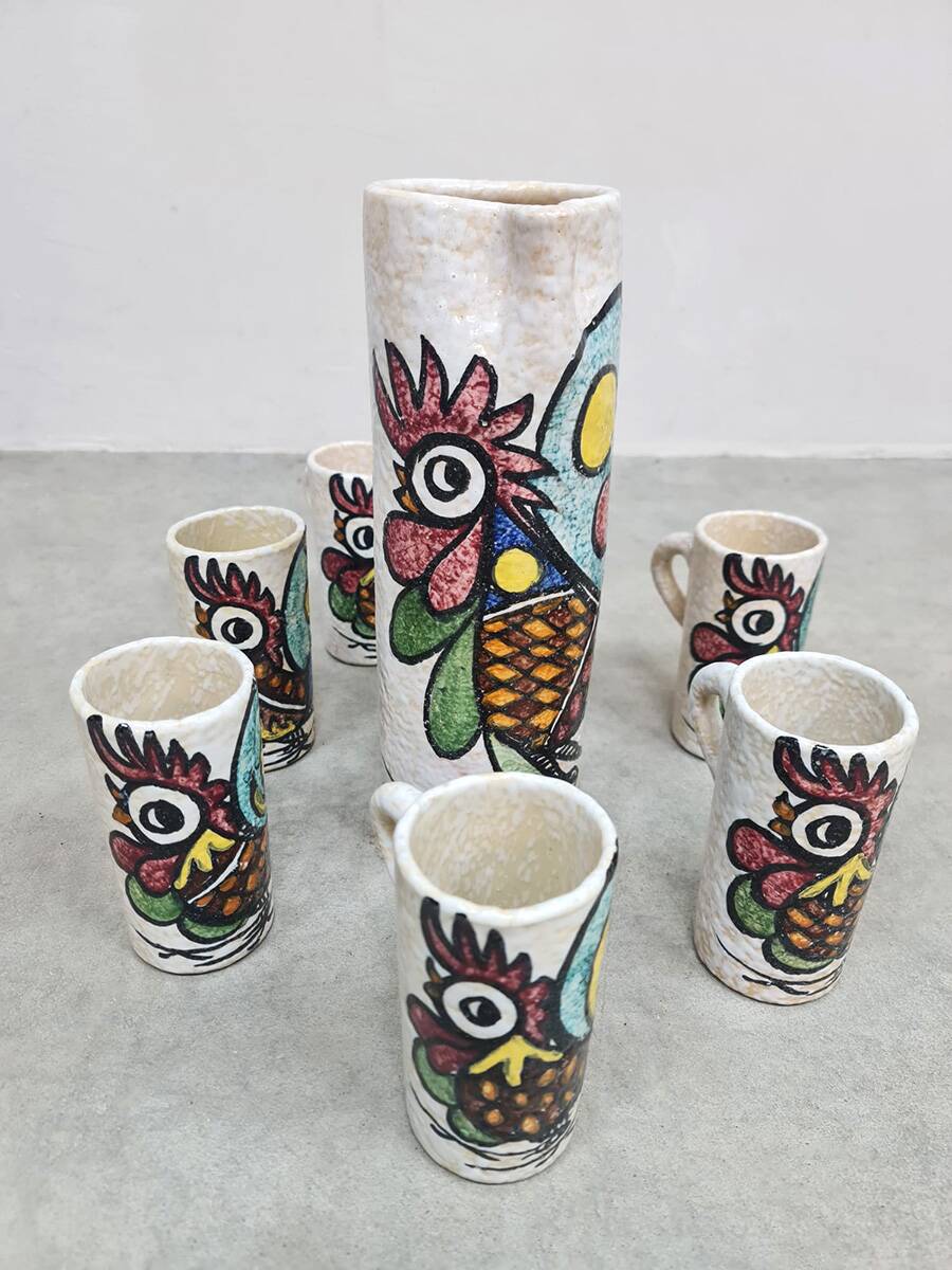 Spanish vintage Toledo ceramic pitcher & mugs Pablo Sanguino 1960s