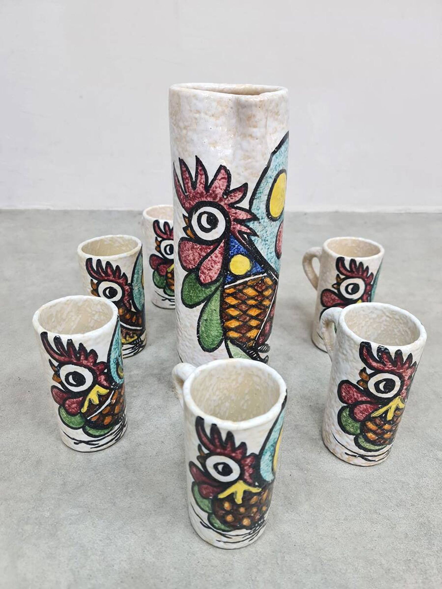 Spanish vintage Toledo ceramic pitcher & mugs Pablo Sanguino 1960s
