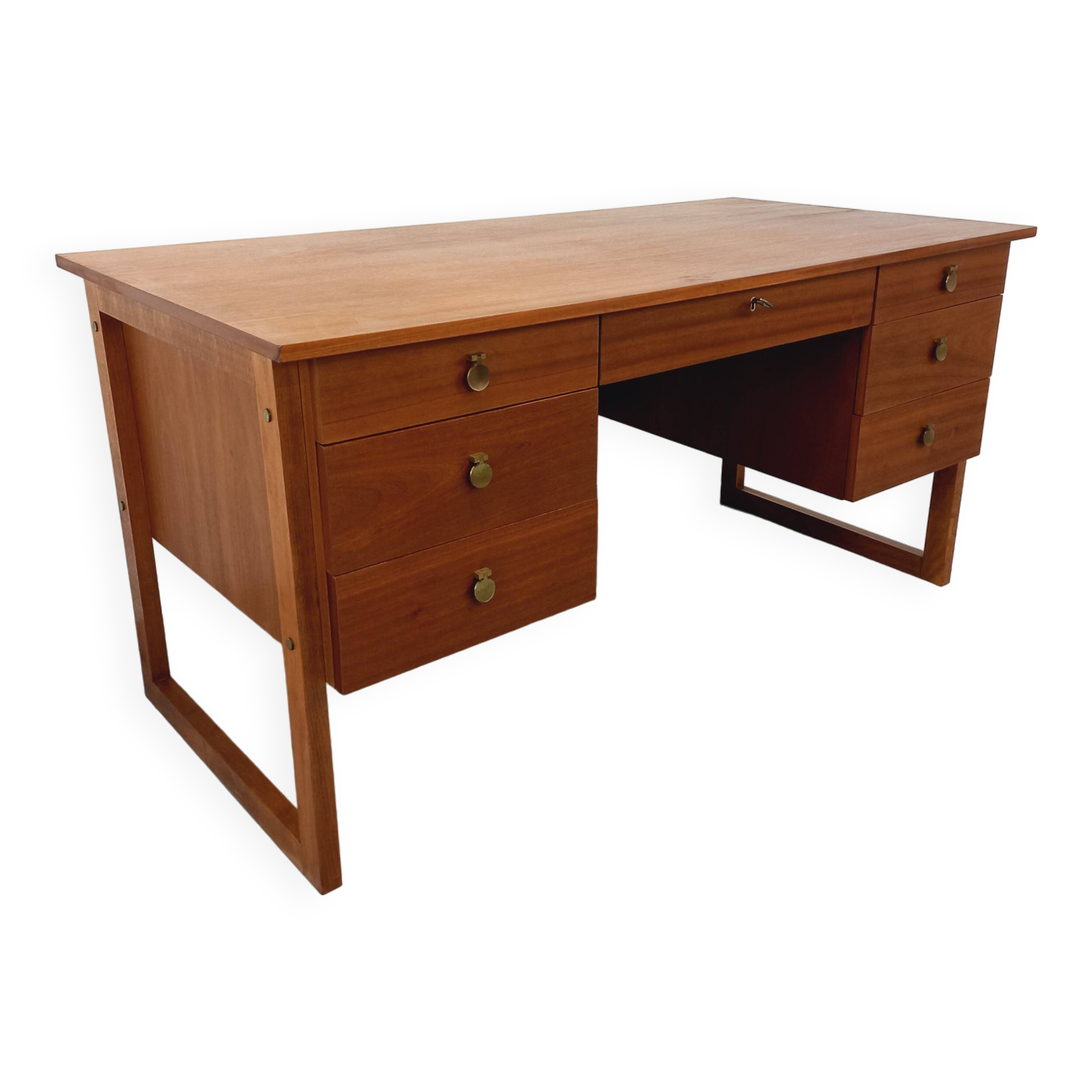 Double-sided executive desk sled legs vintage Scandinavian style in teak from the 60s