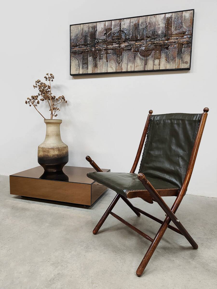 Vintage leather folding chair 'Campaign chair' 1950