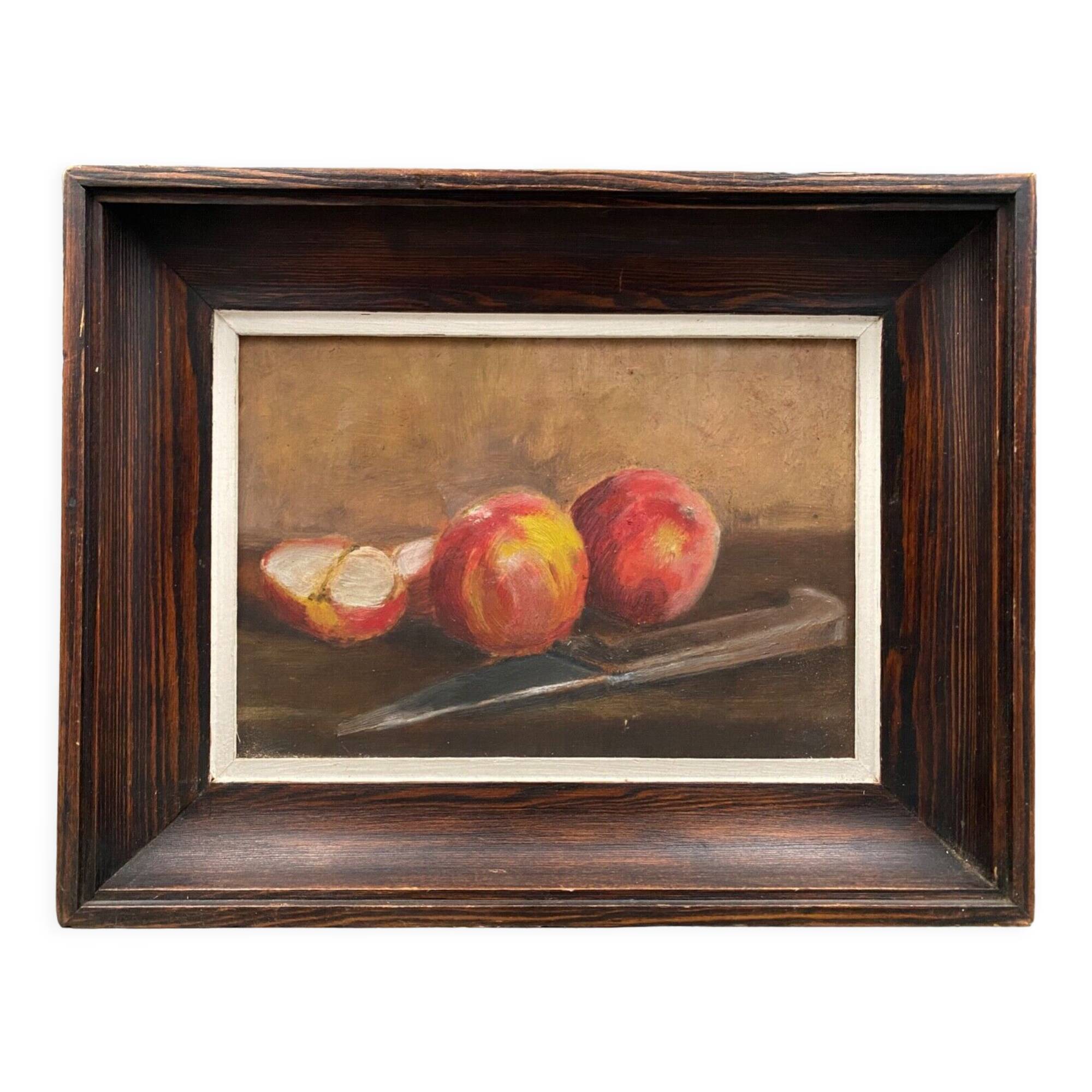 Oil on Isorel signed Still Life with Fruits XXth Natural wood frame