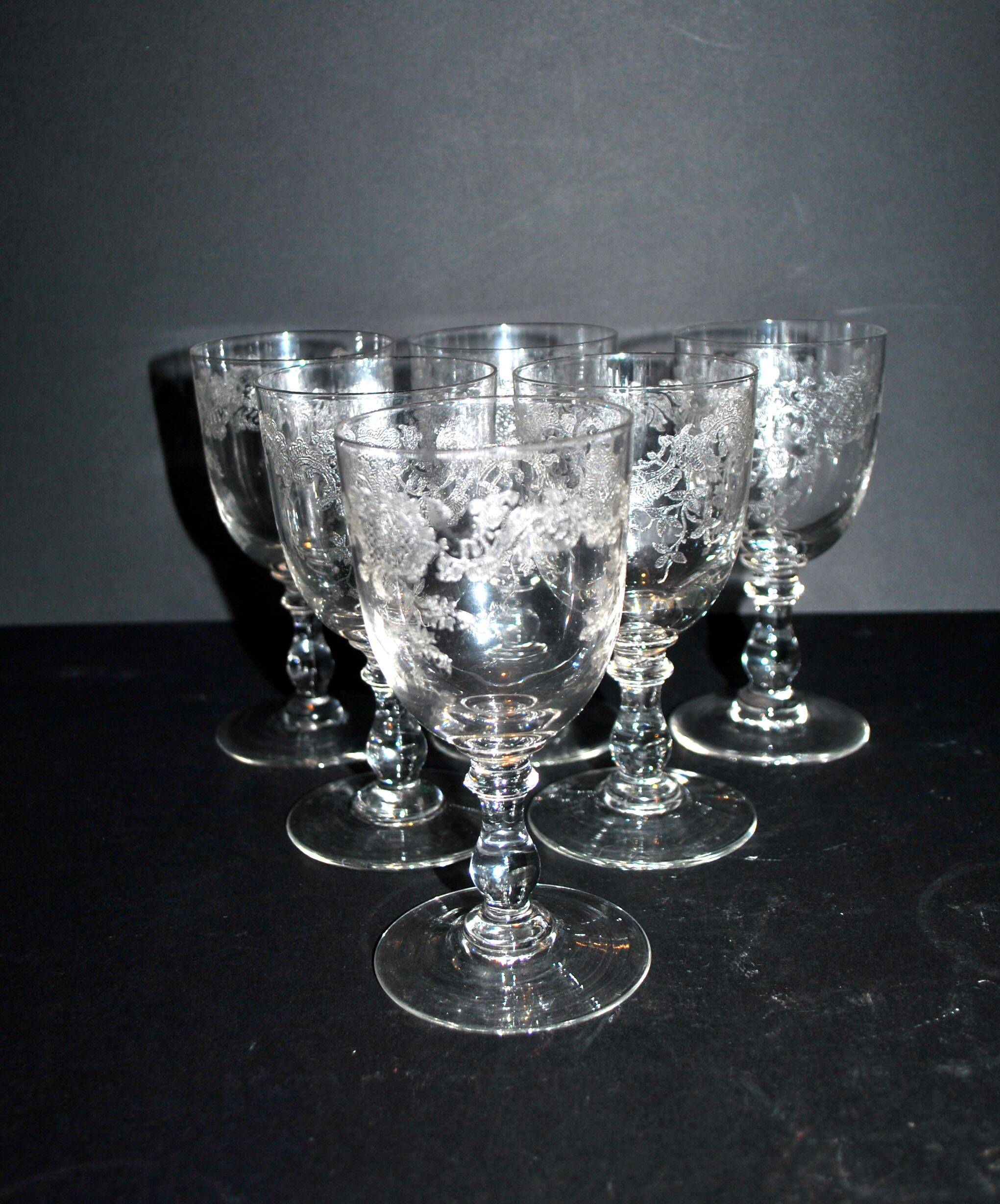 Saint-Louis set of 6 antique glasses with acid-etched rocaille and flower decoration 1920-30