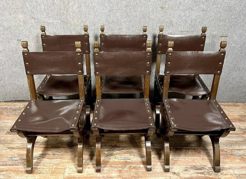 Set of 6 Renaissance style chairs in solid wood and leather, 19th century, circa 1850