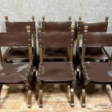 Set of 6 Renaissance style chairs in solid wood and leather, 19th century, circa 1850