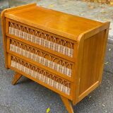 Commode scandinave en chêne et rotin des années 60