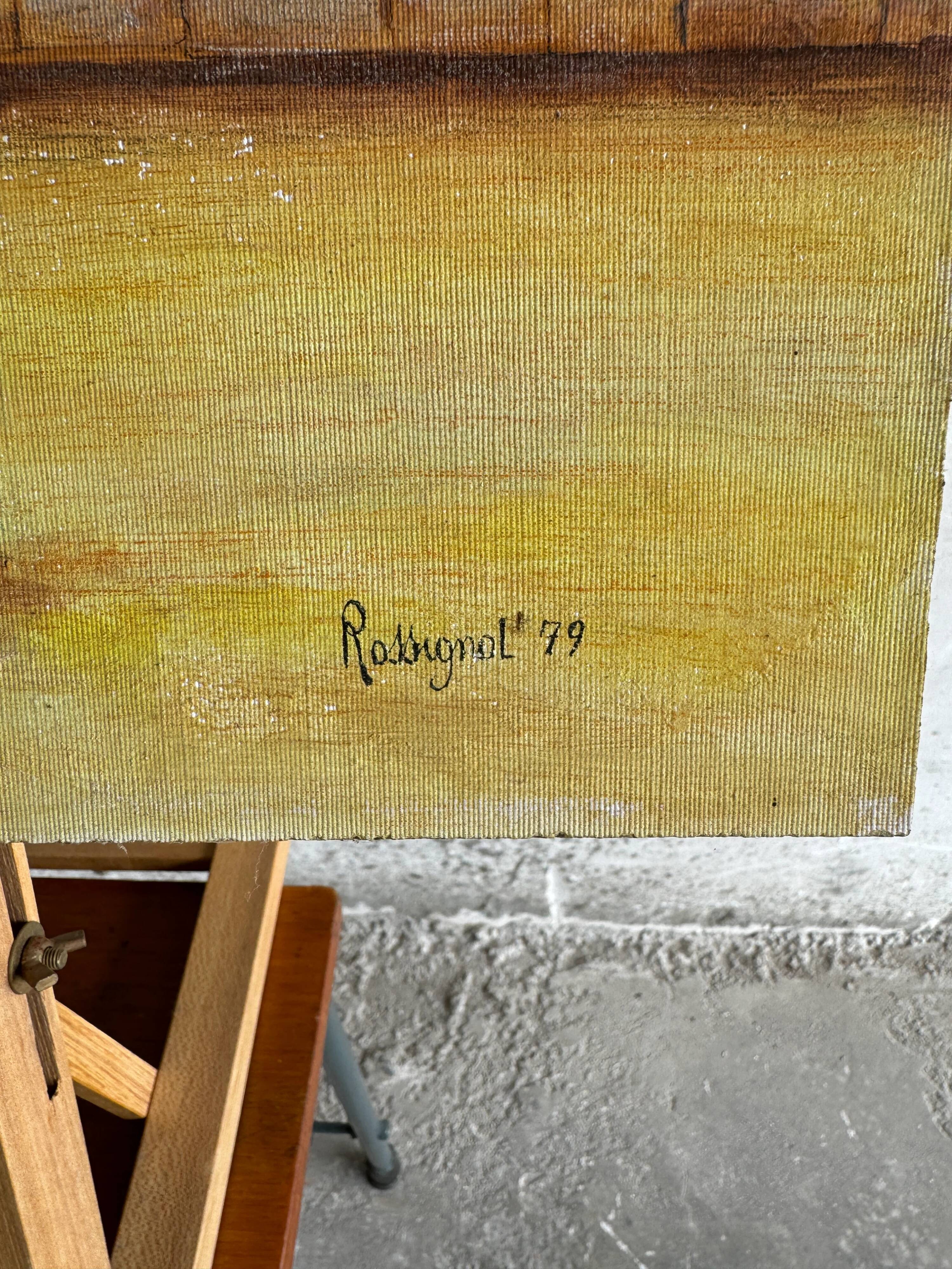 Jeux des Boules (1979) by Rossignol — Blue canvas painting, 61 x 38 x 3 cm, vintage French scene