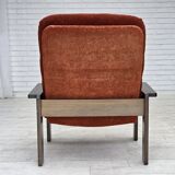1970s, Danish armchair, orange/red furniture velour, dark oak wood.