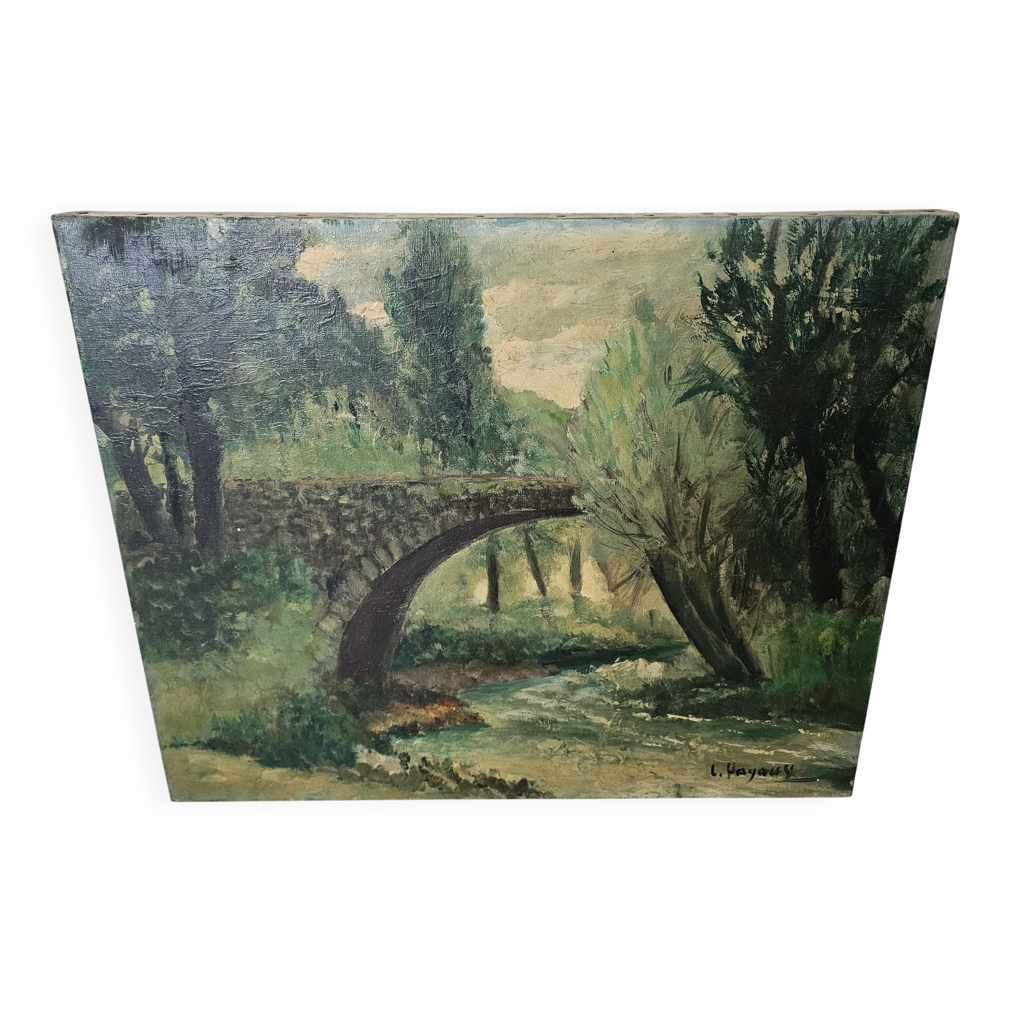 Painting - Oil on canvas Bridge on the banks of the Loire Signed Louis Hayaux (1897 1982)