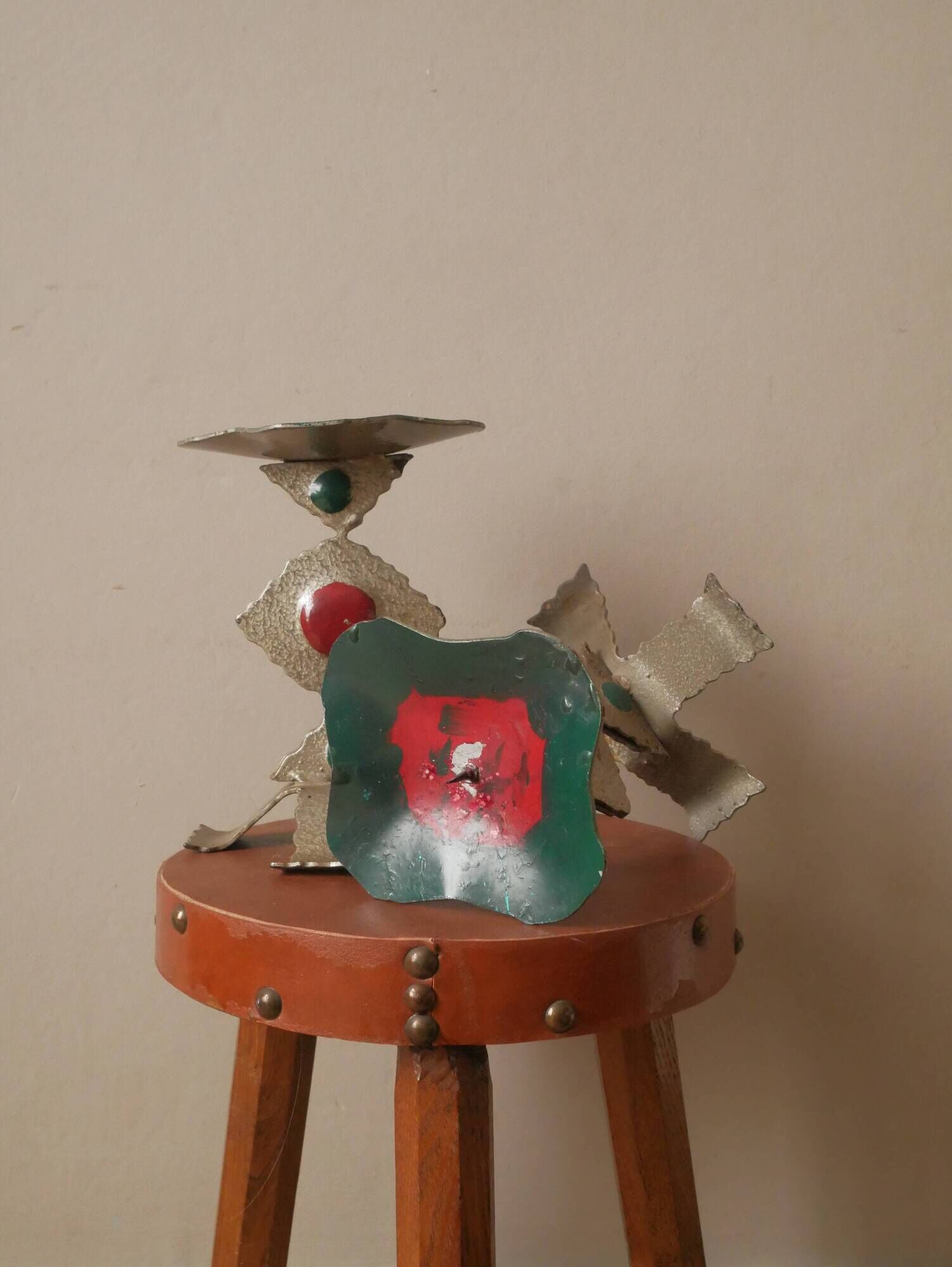 Pair of painted metal candle holders artisanal handmade wrought iron candelabra candlestick