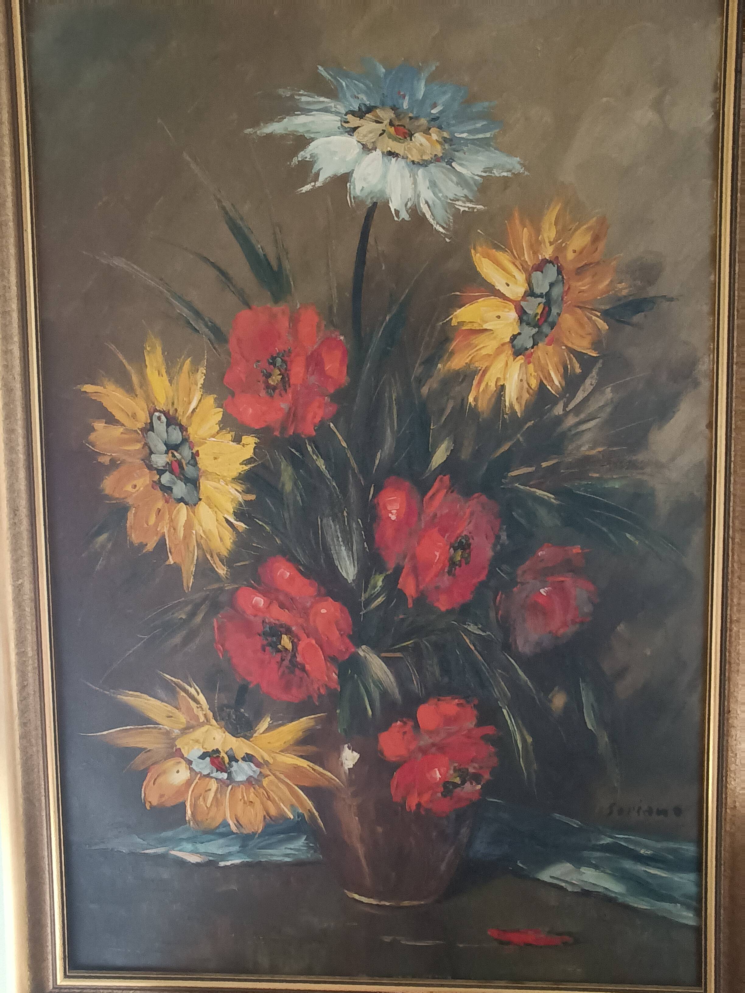 Oil on canvas still life with flowers signed soriano