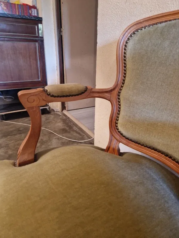 Pair of Louis XV style armchairs in cherry wood, upholstered in green velvet.