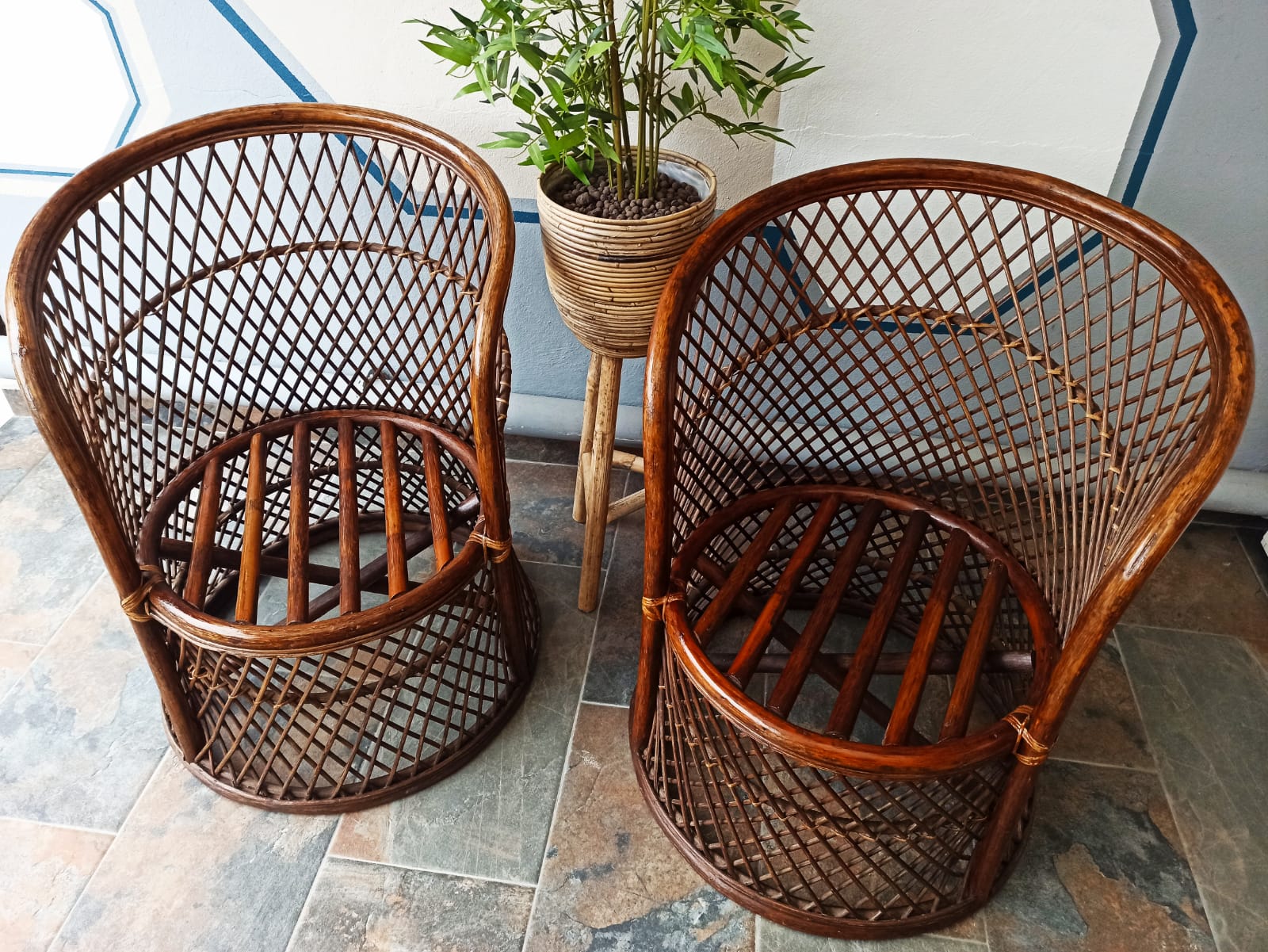 Pair of vintage bamboo rattan armchairs