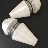 Duo of art-deco tulips in frosted white and transparent glass with black edging