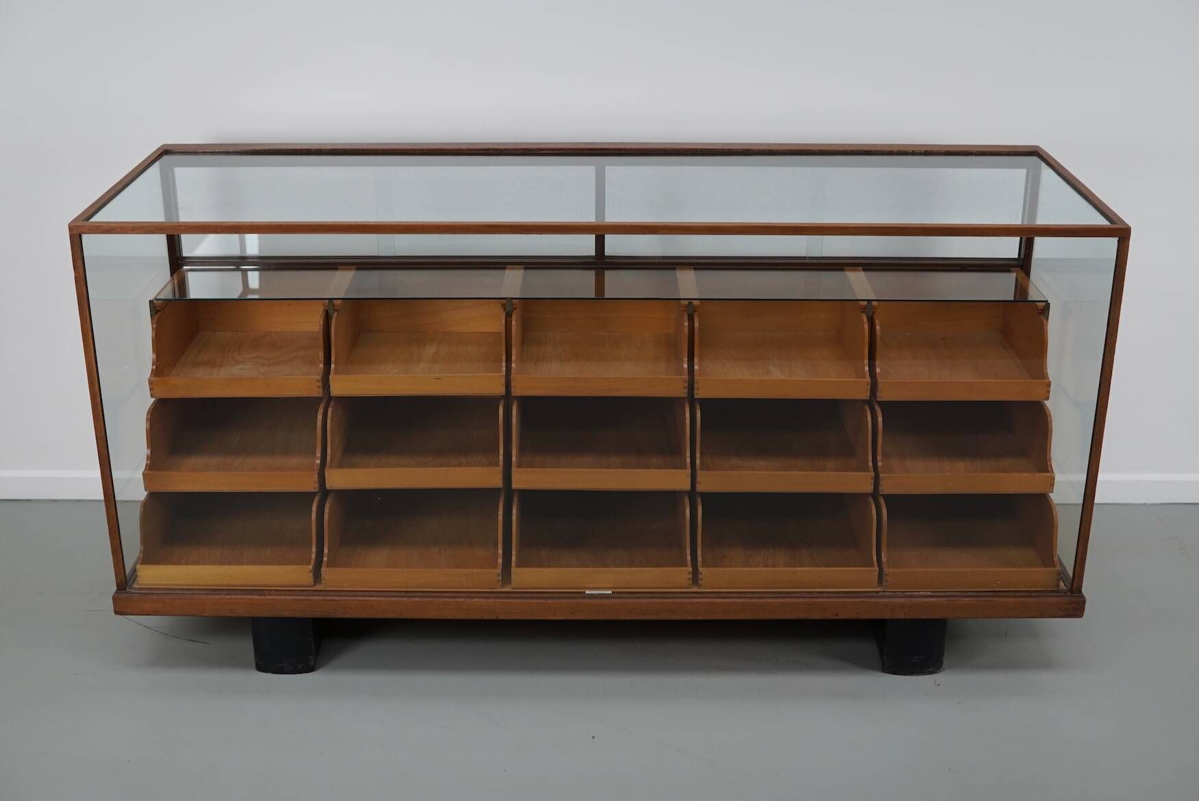 Antique British maple & hardwood haberdashery cabinet or shop counter, 1930s