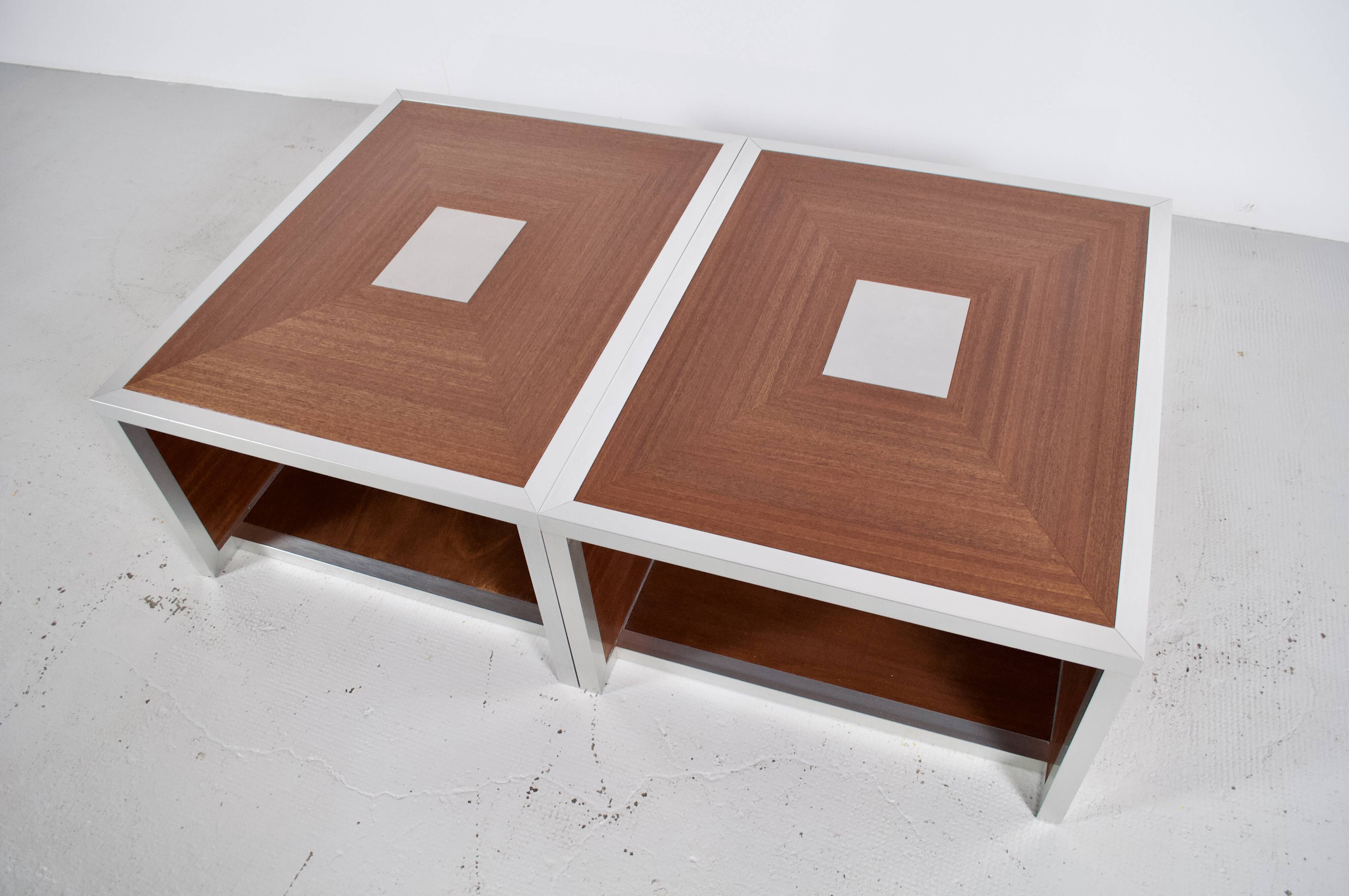 Pair of 70's aluminum and mahogany coffee/sofa end tables