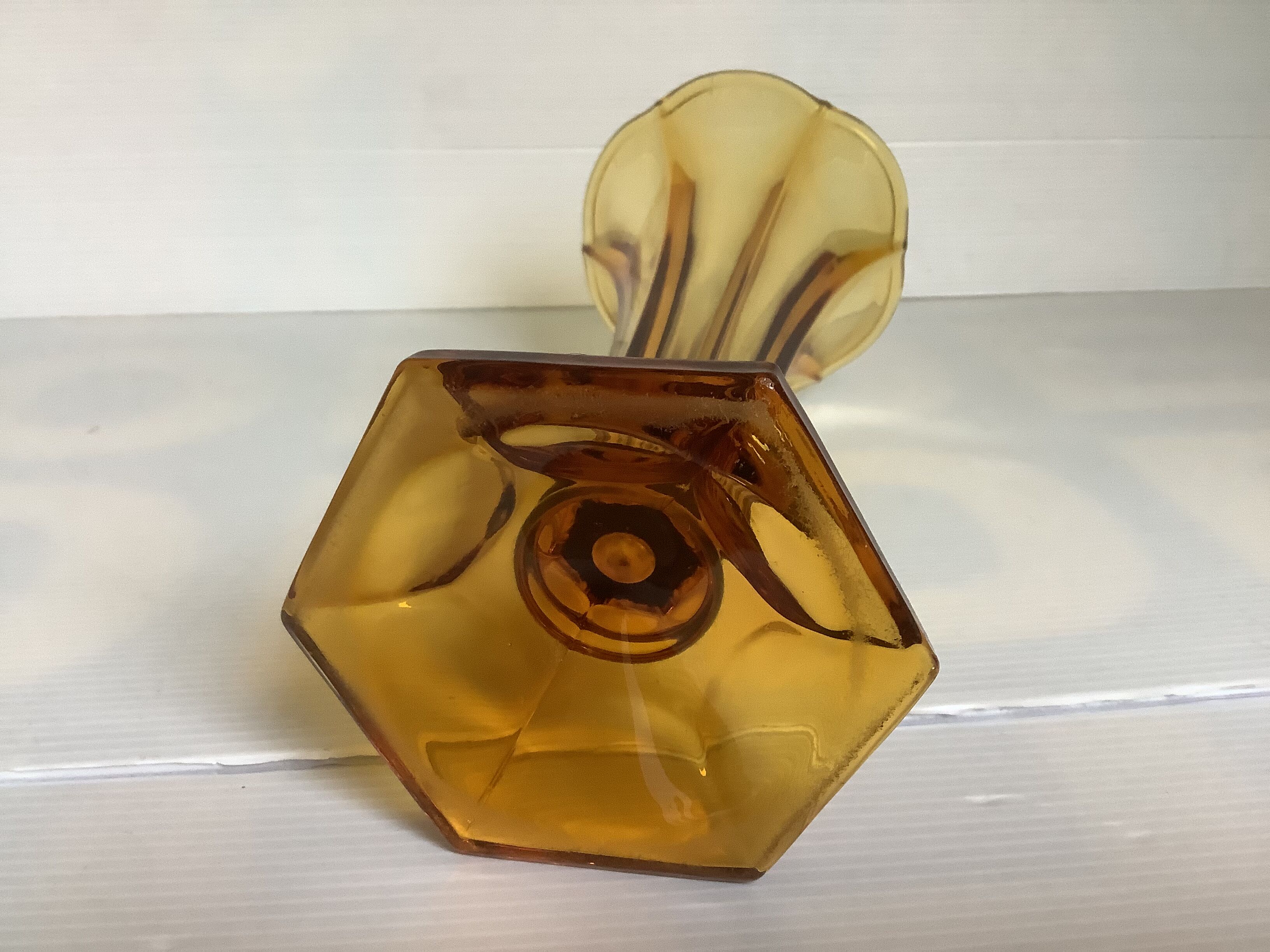 Old flower-shaped vase, moulded yellow glass, Art Deco.