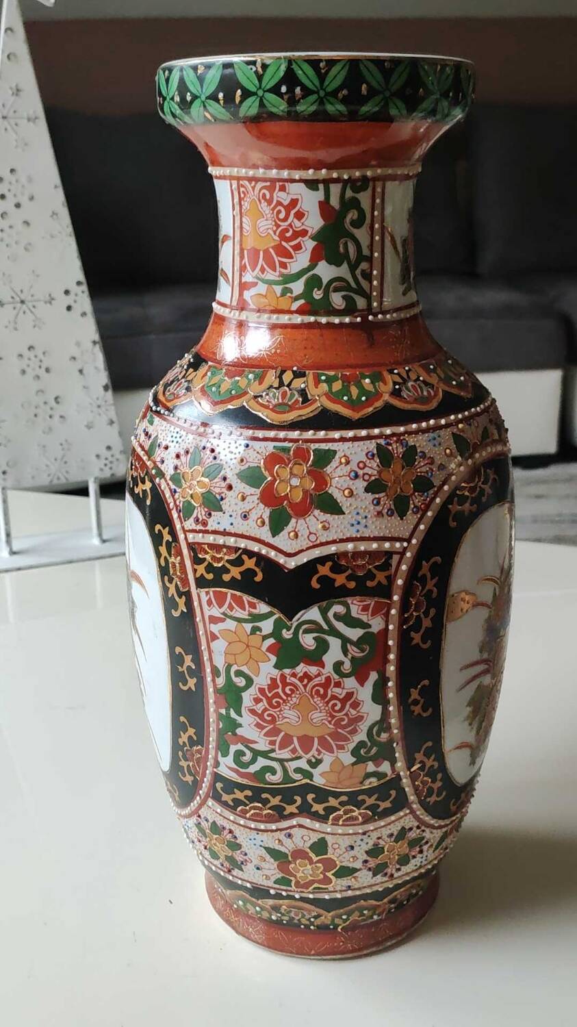 Japanese baluster vase Imari style. Peacock/Floral motifs, stamped. High 35.5 cm