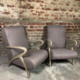 Chairs (pair) in curved rough oak and beige and brown woven mottled fabrics