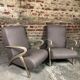 Chairs (pair) in curved rough oak and beige and brown woven mottled fabrics
