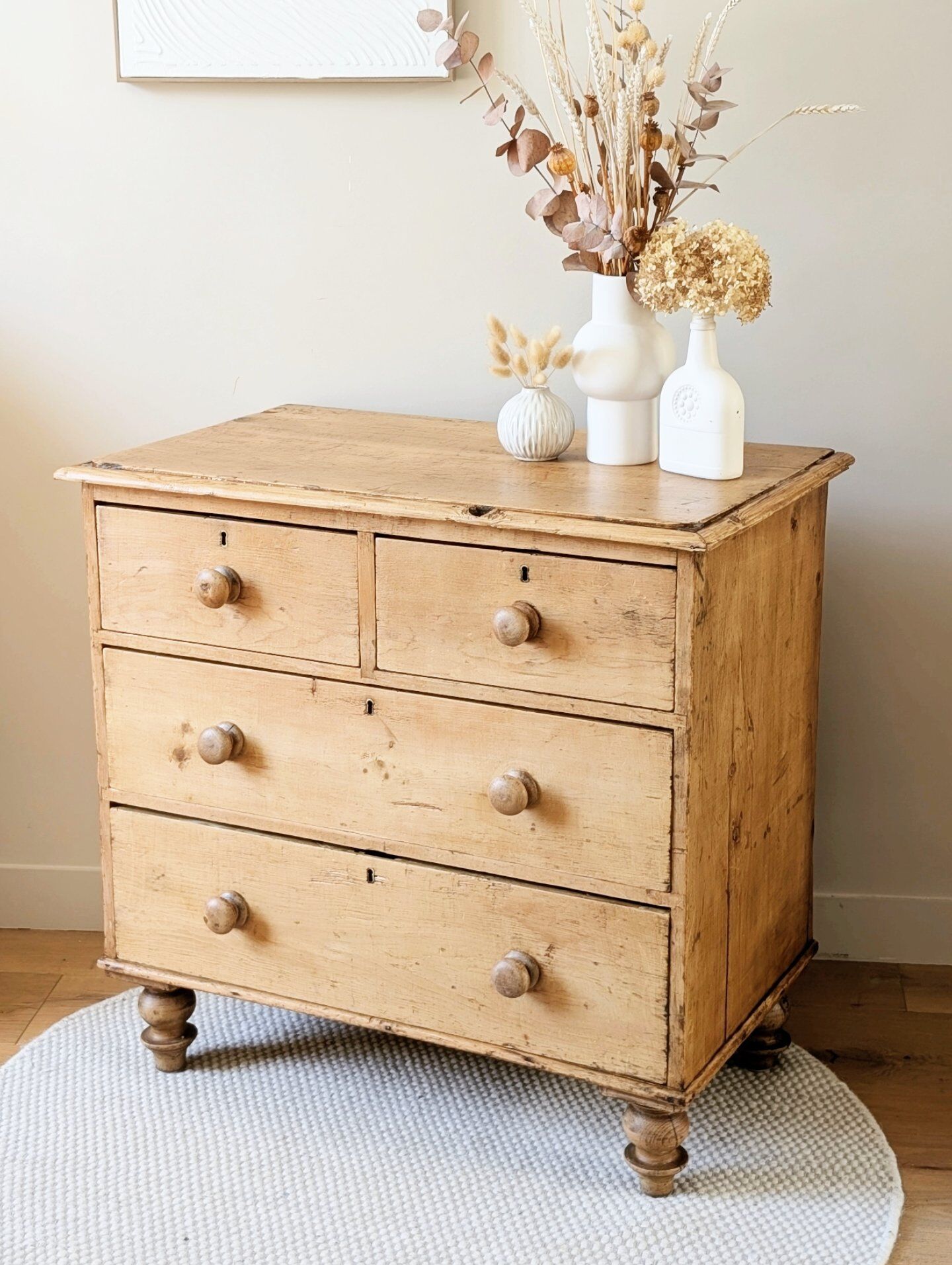 Renovated antique English solid pine chest of drawers.