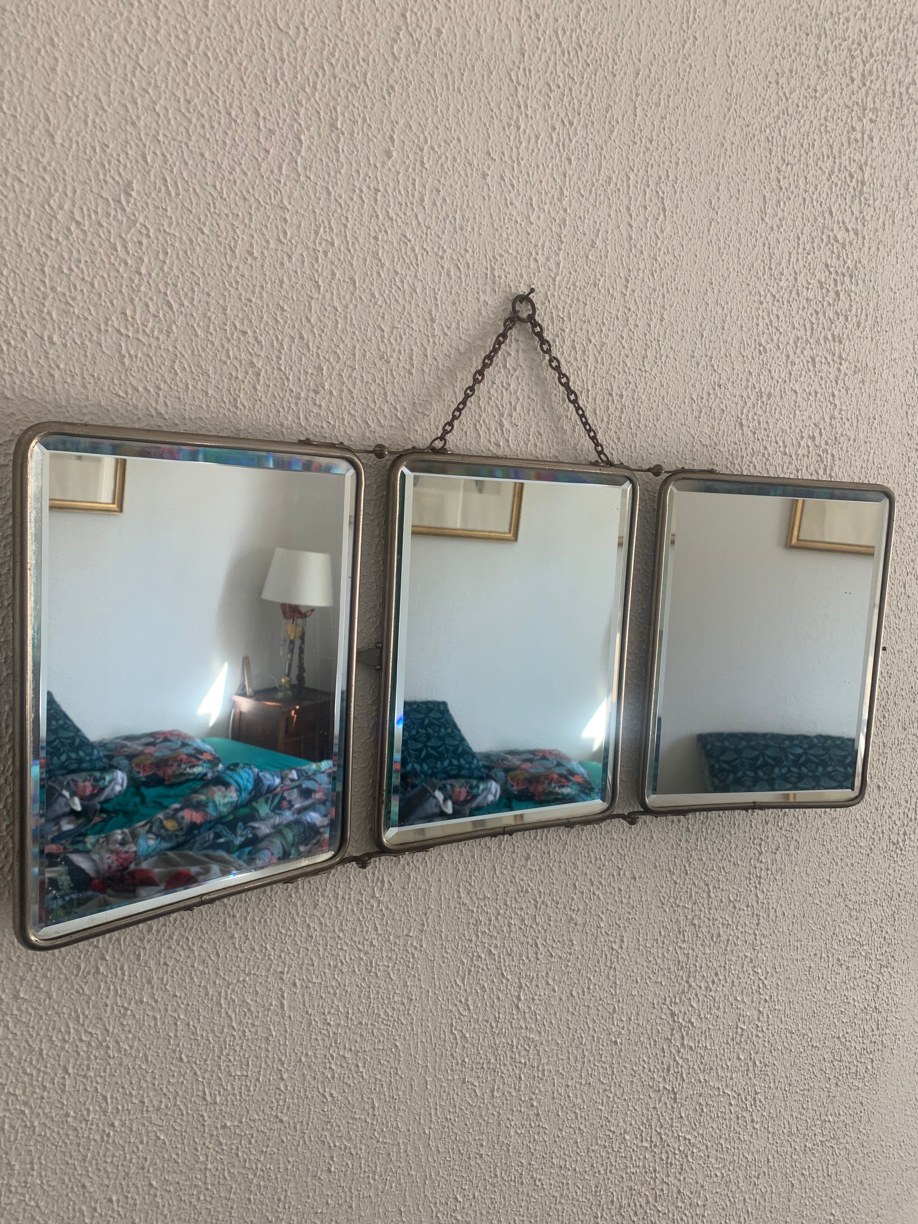 Vintage mirror 1930 triptych beveled barber Art Deco fabric - 28 x 68 cm