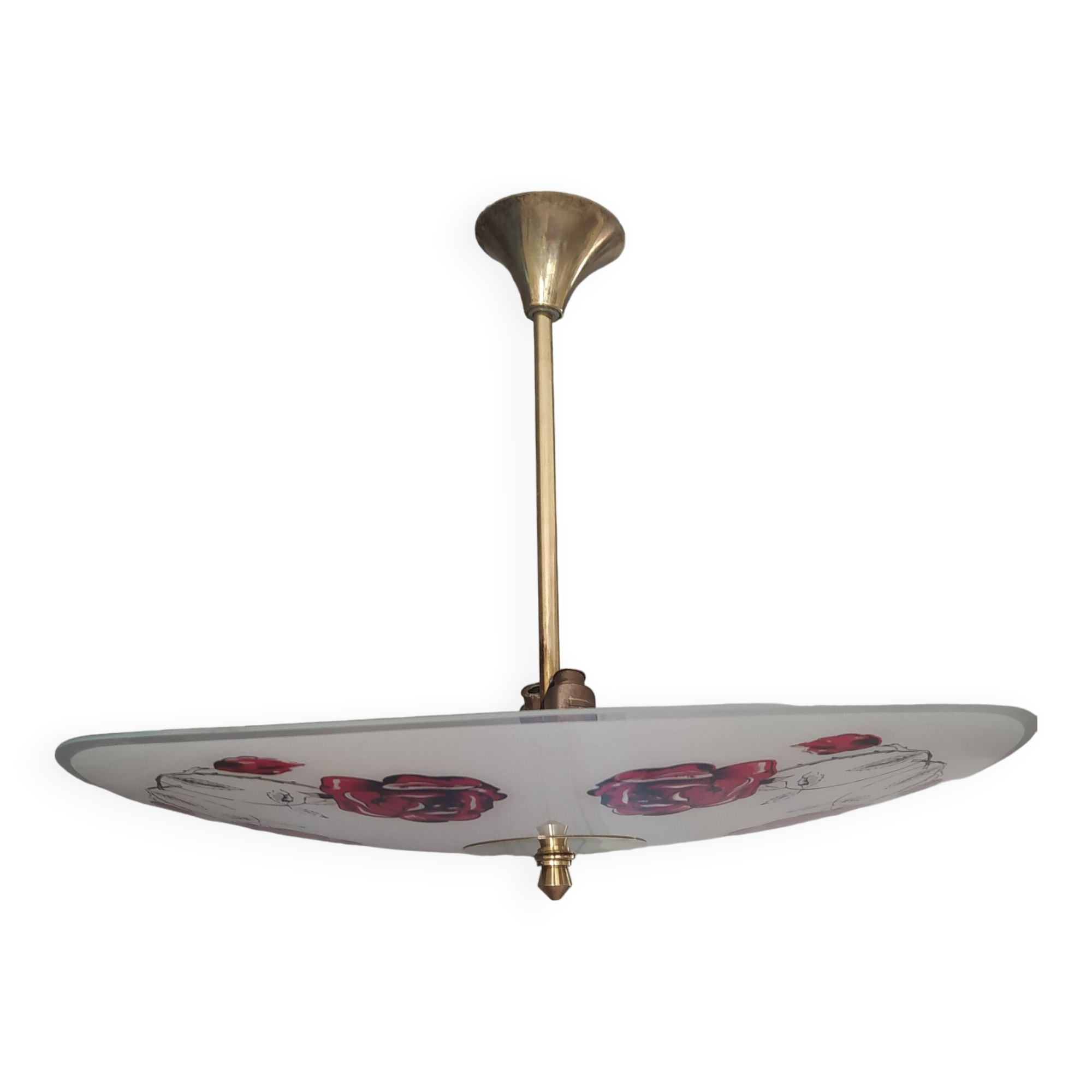 Vintage 1960s brass and glass pendant light with rose decor