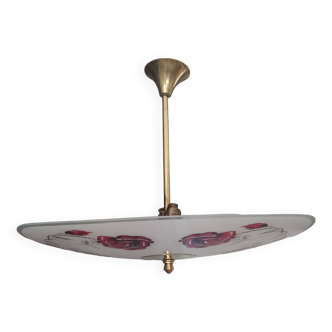 Vintage 1960 brass and glass pendant light with rose decor