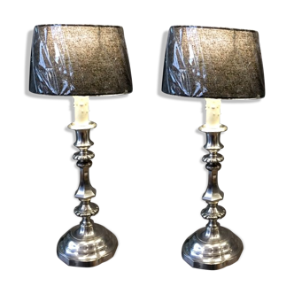 Pair of silver bronze lamps in Louis XV style contemporary lampshade
