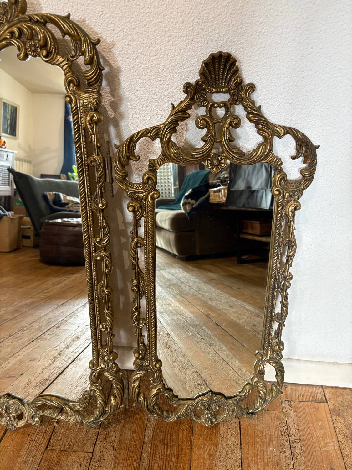 Triptyque Miroir Baroque/Rococo en laiton Doré, vers 1950 -M