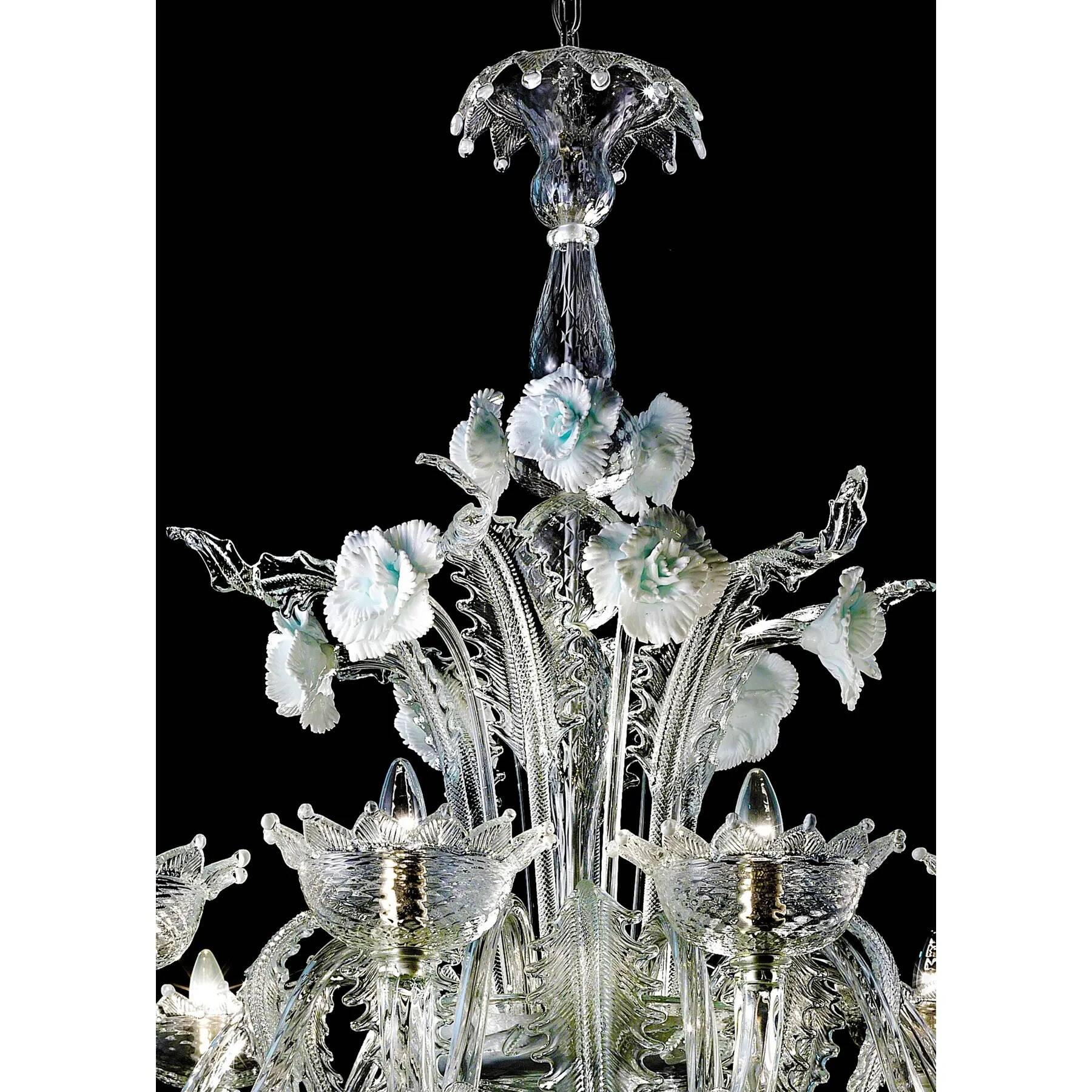 Romantic Transparent Murano Glass Chandelier with White Floral Elements