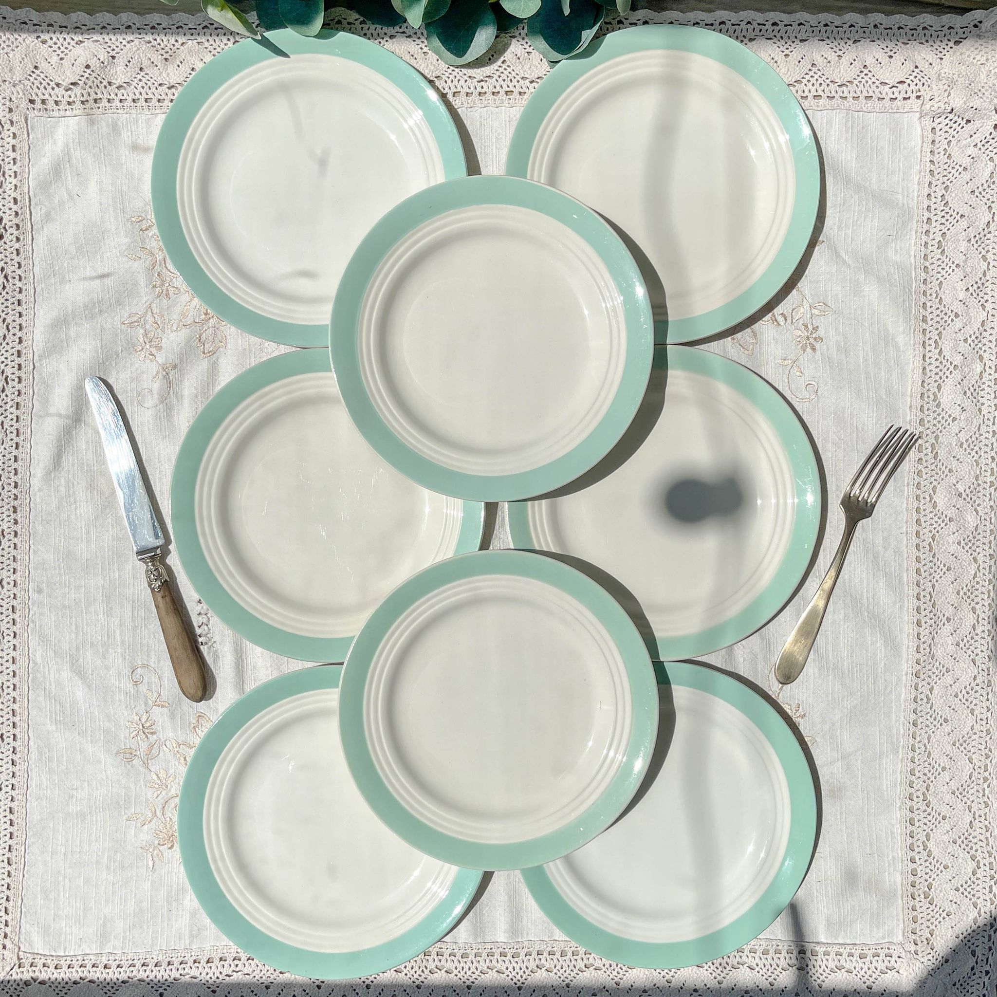 8 vintage French white and green porcelain plates from Céranord