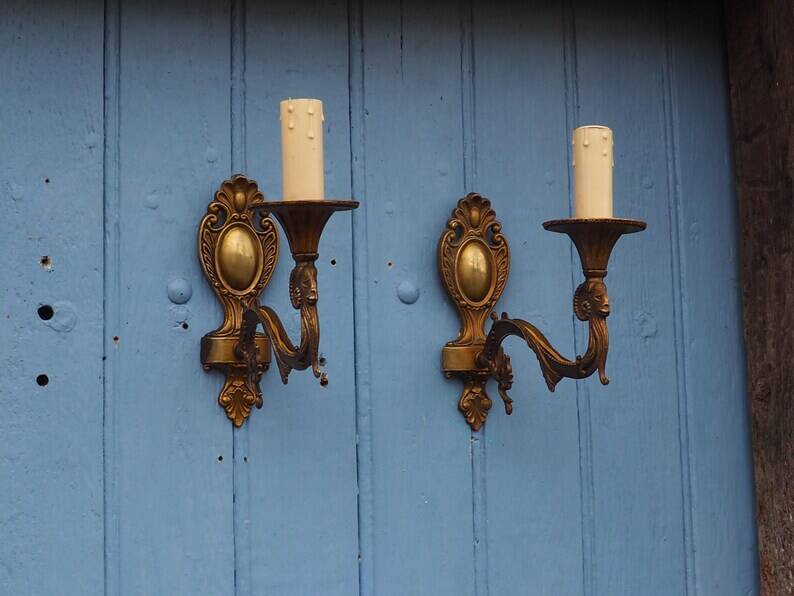 Vintage Rams Head French Bronze Wall Sconces Wall Lights C1930s Pair