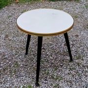 Vintage side table from the 60s, blackened wooden tripod base, white formica top