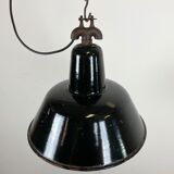Industrial black enamel factory lamp with cast iron top, 1950s