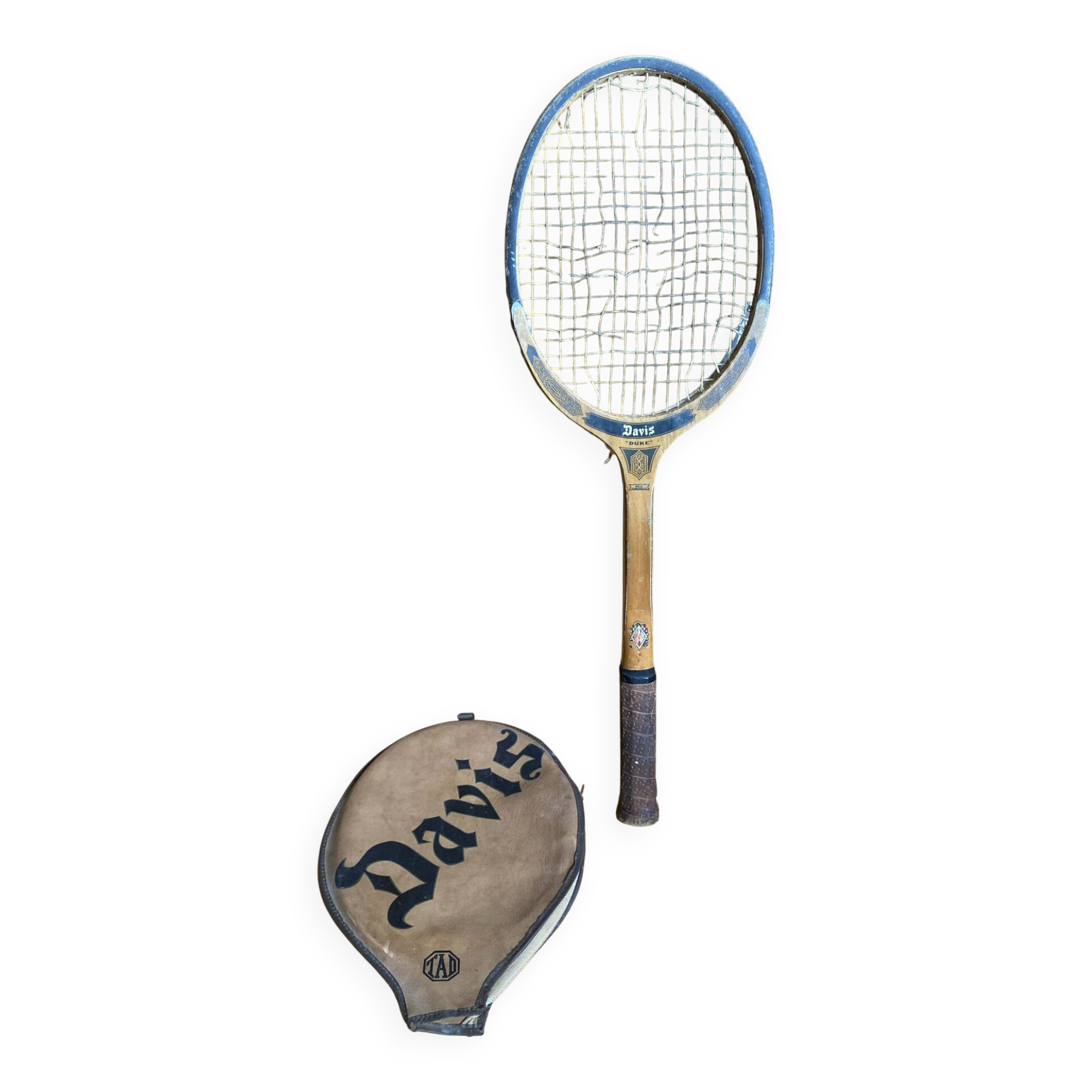 Vintage Tennis Racket DAVIS Duke Wood + Leather Case #E218