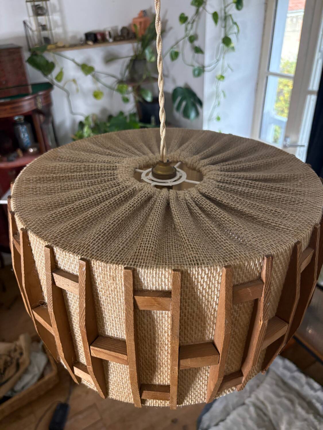 Scandinavian pendant light from the 1960s, made of wood and fabric