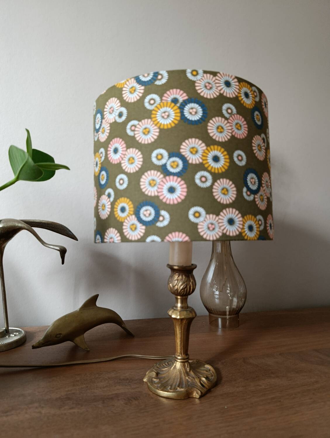 brass table lamp | khaki lampshade with multicoloured daisies