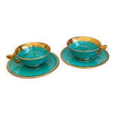 Vintage coffee cup duo Magda turquoise and gold Made in France