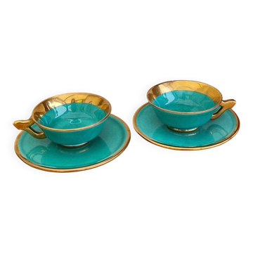 Vintage coffee cup duo Magda turquoise and gold Made in France