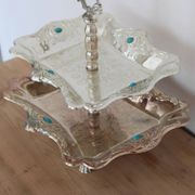 Vintage two-tiered server in oriental style – Silver-plated metal and turquoise cabochons.