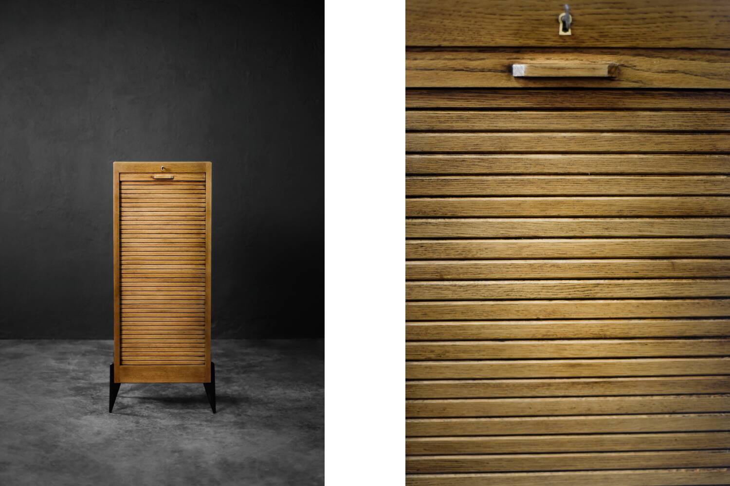 Vintage Industrial Danish Roller Shutter Brown Oak Cabinet with Drawers