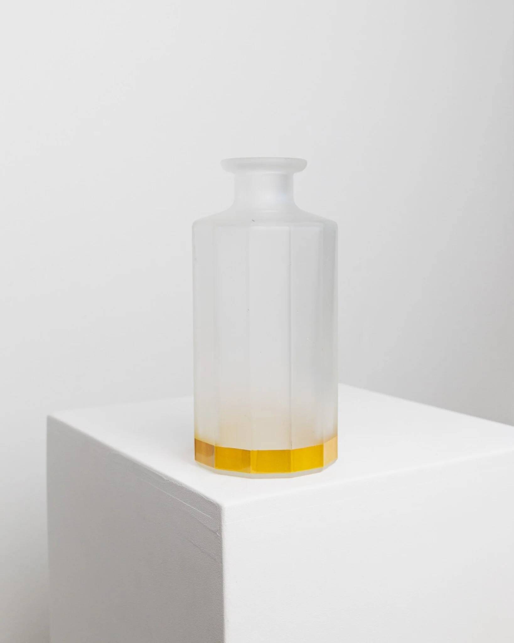 Vintage milky glass vase with yellow base, twelve-faced silhouette, Italian Bormioli, 1980s