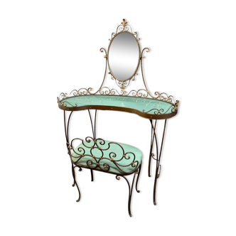 Kidney shaped dressing table in metal and its vintage 1960's seat.