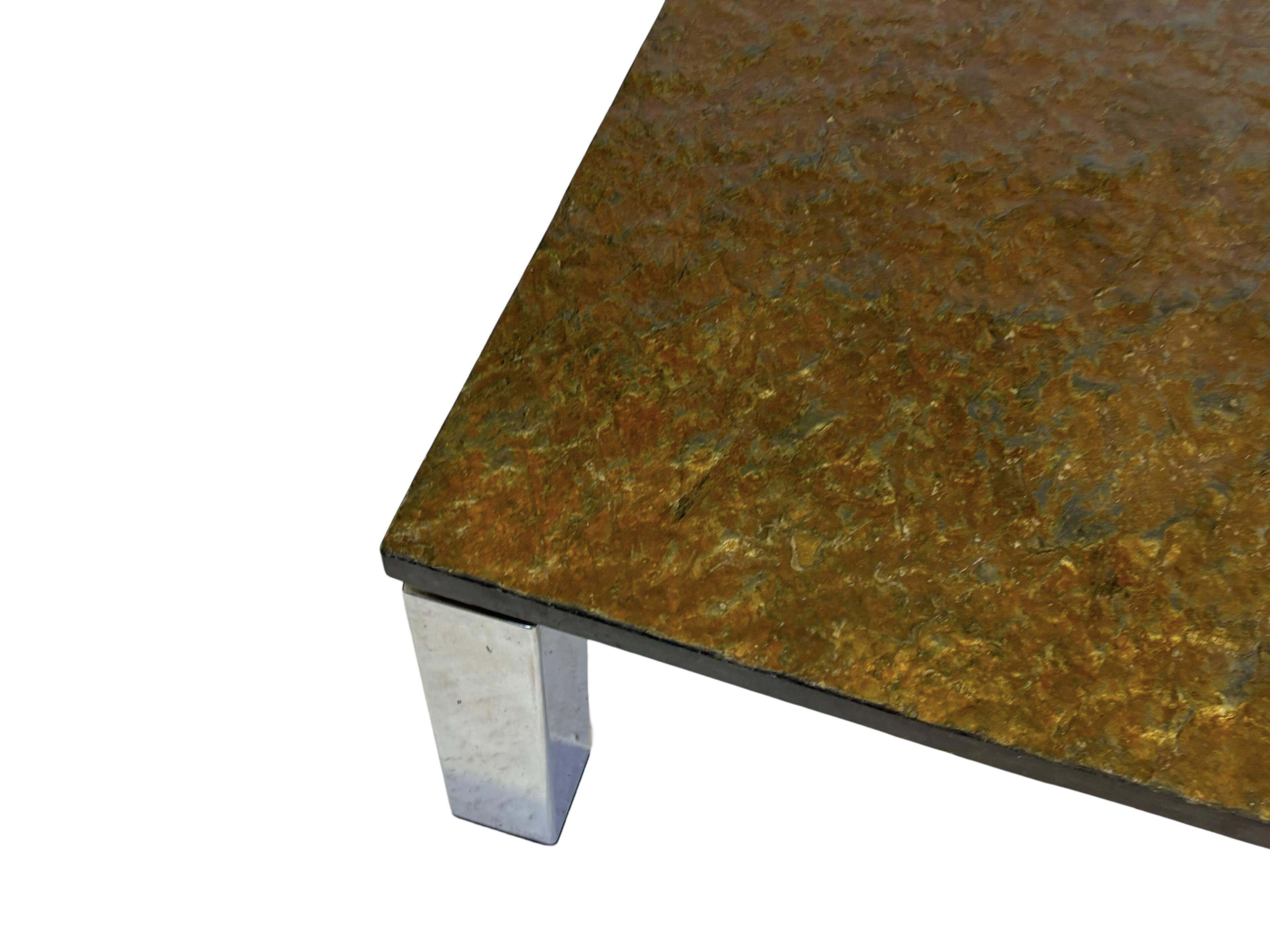Table basse carrée plateau en pierre et piètement en acier chromé - années 60
