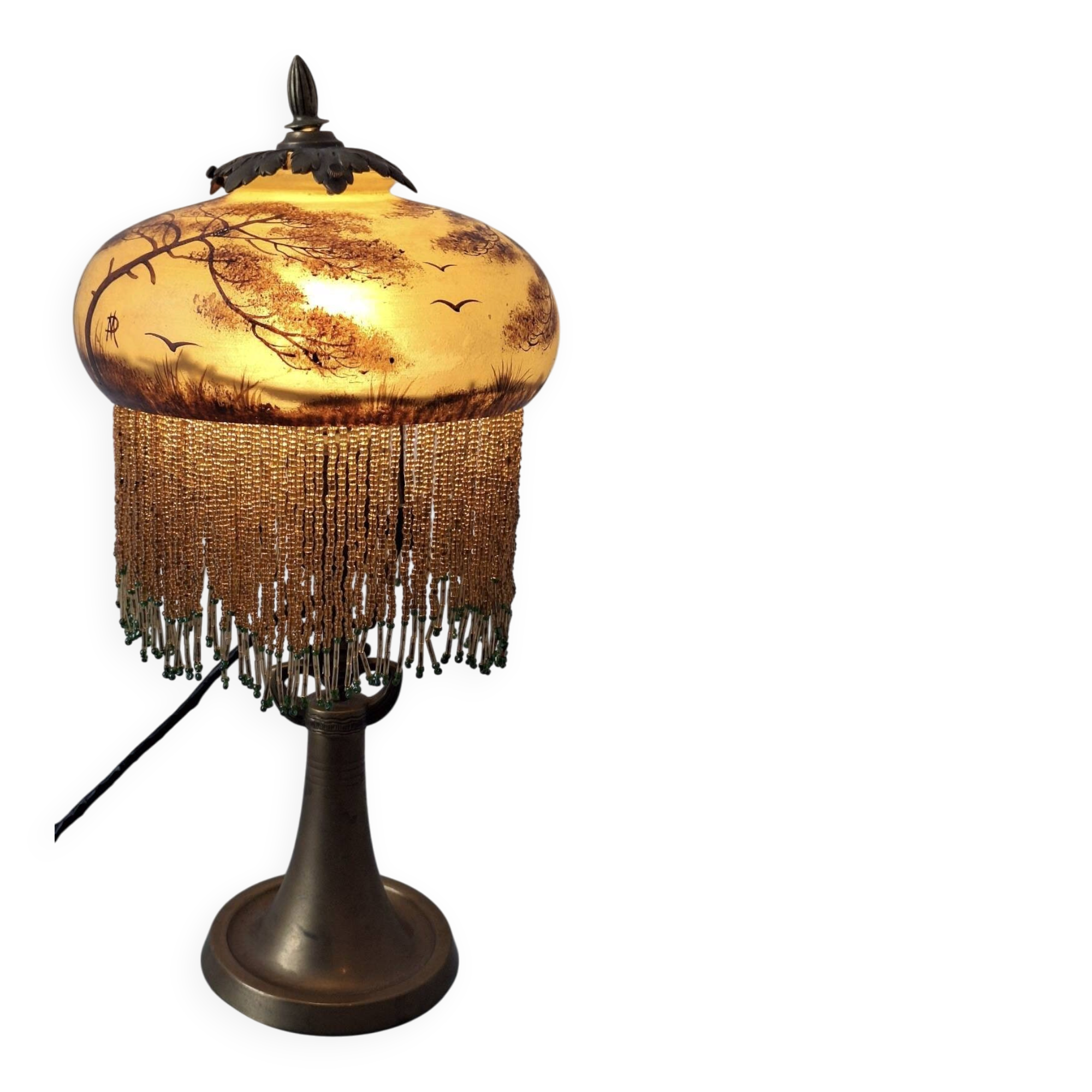 Antique signed reverse painted bronze table lamp, 1910-20