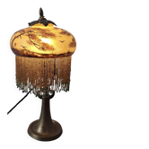 Antique signed reverse painted bronze table lamp, 1910-20